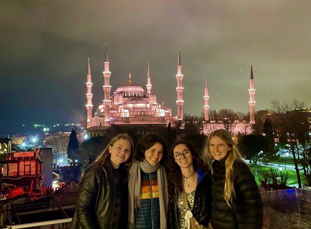 Four Fordham students at Blue Mosque in Turkey. (Courtesy of Lusa Holmstrom for The Fordham Ram)
