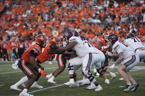 Fordham's offensive line helped propel Julius Loughridge to a 112-yard performance on the ground. (Courtesy of Cristina Stefanizzi/The Fordham Ram)