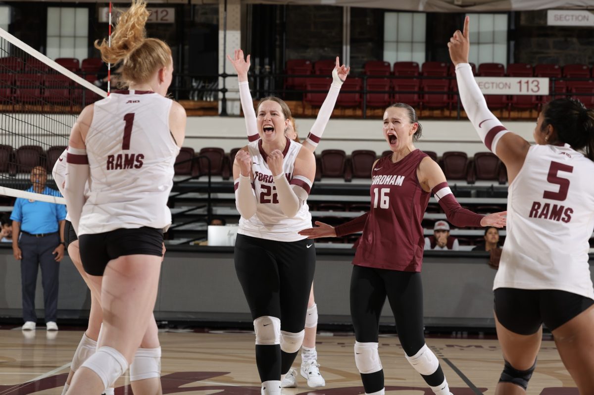 Moody, Woodrow, Naumann, and Talabong erupt as the Rams take a point on Saturday's match. (Courtesy of Fordham Athletics)