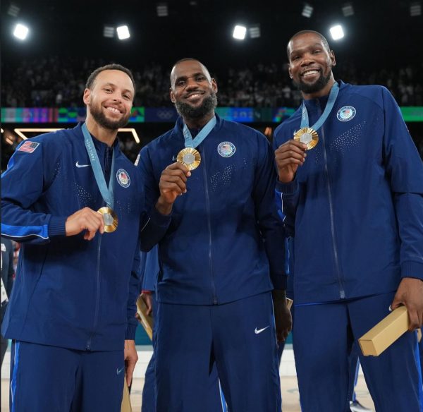 From left to right, Steph Curry, LeBron James, and Kevin Durant sport their newly-earned gold medals. (Courtesy of Instagram/@kingjames)