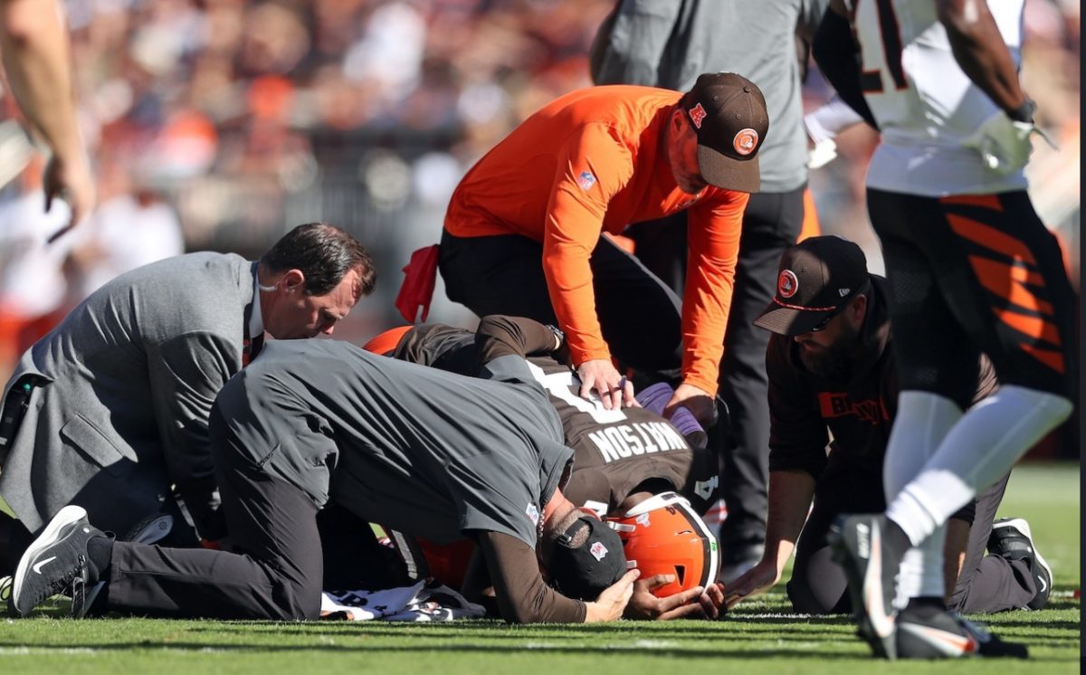 Watson keels over after tearing his Achilles in Week 7; his injury was met with boos. (Courtesy of Instagram/@clevelanddotcom)