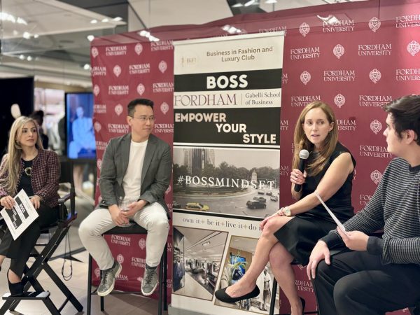 Guest panelists speak at Business in Fashion and Luxury event at The Boss store. (Courtesy of Jack McDonald for The Fordham Ram)