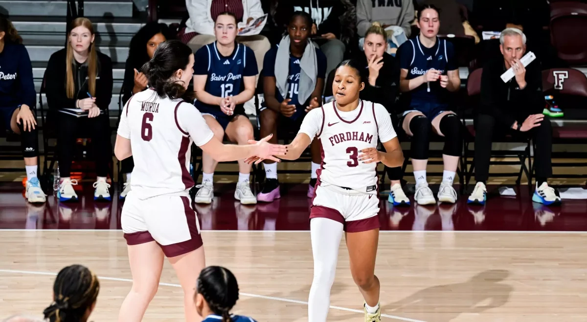 Graduate students Irene Murua (13 pts, 5/7 FG) and Taylor Donaldson (21 pts, 6 stl) led the Rams to a 64-56 win over St. Peter's Friday. (Courtesy of Fordham Athletics)