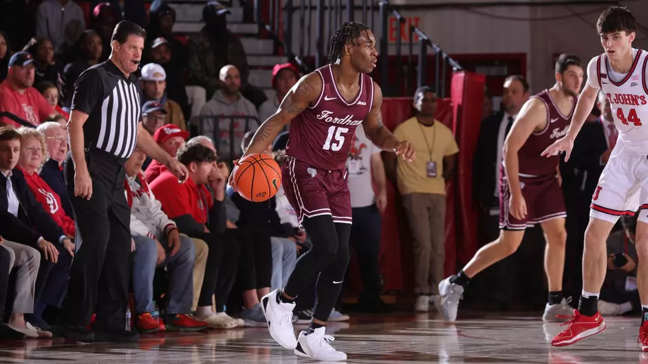 Senior transfer Jackie Johnson III surveys the floor Monday at St. John's. (Courtesy of Fordham Athletics)