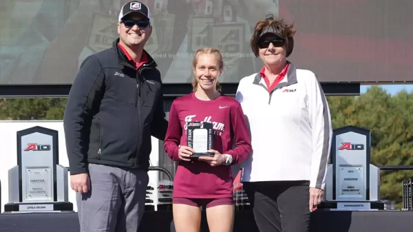 Graduate Student Katarina Birimac etched her name in the Fordham Cross Country record books at the A-10 Championships with her blazing 20:31.9 time in the 6K. (Courtesy of Naje Murray for the Atlantic 10/ Fordham Athletics)