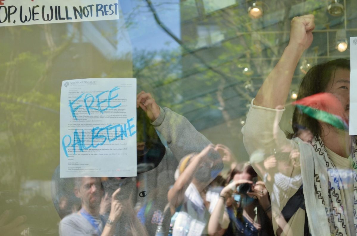 Students at Fordham University Lincoln Center stage a protest for Palestine. (Nora Malone/The Fordham Ram)