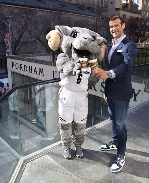 The Saxbys CEO and Ramses pose outside Lincoln Center. Sasbys has locations at 30 other universities in the United States; Fordham will be their first New York City location. (Fordham University/The Fordham Ram)