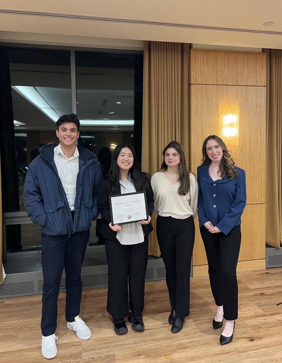 Senator Grace Shin, FCRH ’28, was awarded Senator of the Month for January (Eron Maltzman, Grace Shin, Ava Cascella, Megan Ruzicka). (Mary Hawthorn/The Fordham Ram)