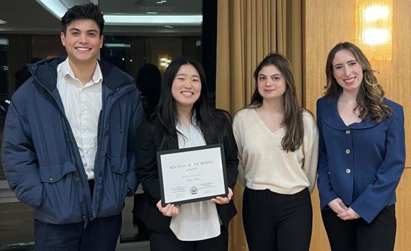 Senator Grace Shin, FCRH ’28, was awarded Senator of the Month for January (Eron Maltzman, Grace Shin, Ava Cascella, Megan Ruzicka). (Mary Hawthorn/The Fordham Ram)