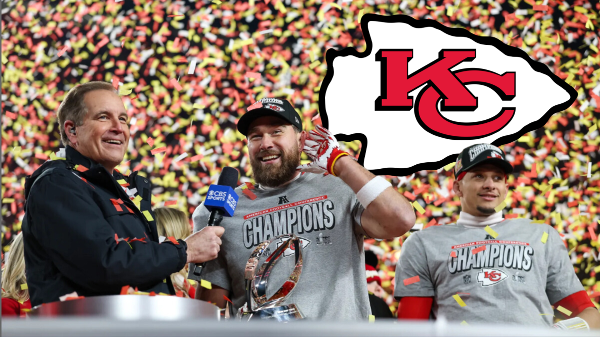 Kansas City Chiefs players Travis Kelce and Patrick Mahomes celebrate their AFC Championship