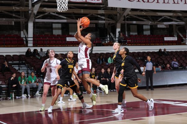 Fordham women's basketball competes against Siena College. (Courtesy of Fordham Athletics)