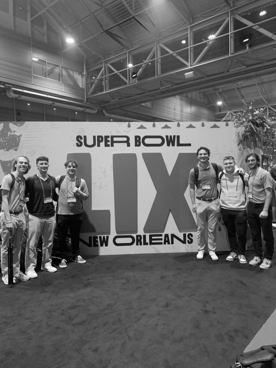 WFUV Sports’ Lou Orlando, Evan Harkin, James Birle, Nick Guzman, Jack Warner and Will Tallant at Super Bowl LIX.