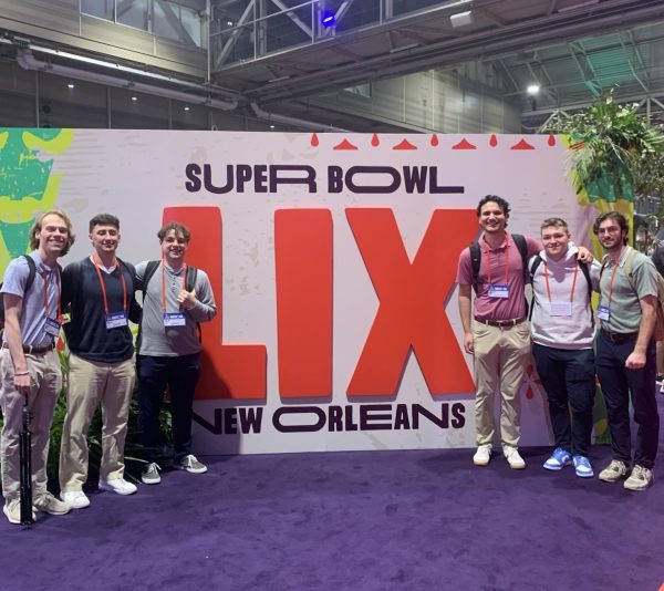 WFUV Sports’ Lou Orlando, Evan Harkin, James Birle, Nick Guzman, Jack Warner and Will Tallant at Super Bowl LIX's "Radio Row." (Courtesy of James Birle)