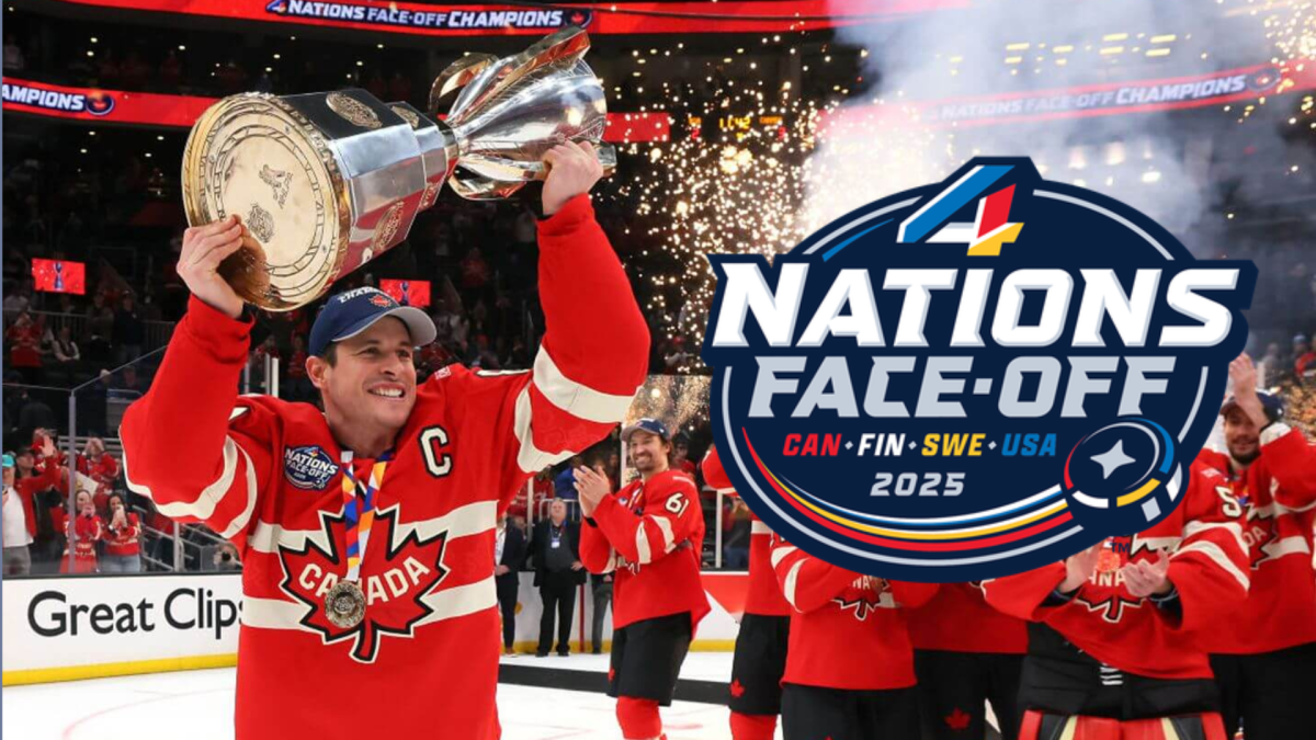 Sidney Crosby hoists the inaugural trophy after a Team Canada victory in the 4 Nations Face-Off.