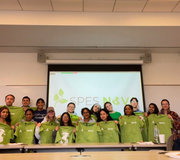 The team for Spes Nova, a 501(c)(3) non-profit started at Fordham, hold branded t-shirts. (Natalie Kamble for The Fordham Ram)