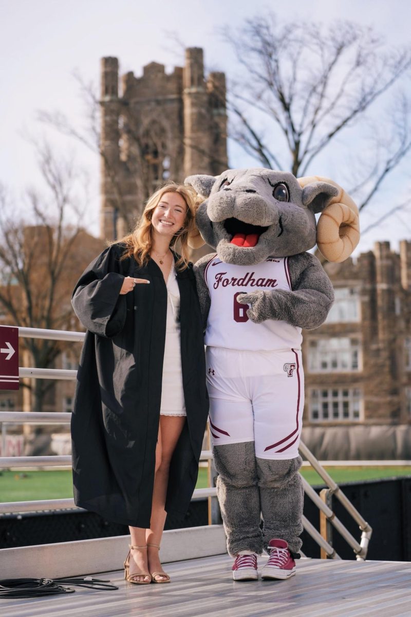 Abigael Hartlieb, FCRH ’25, has suited up as Ramses for the past three years, but she's ready to take off the mask and reveal her identity. (Kate Cassidy for The Fordham Ram)