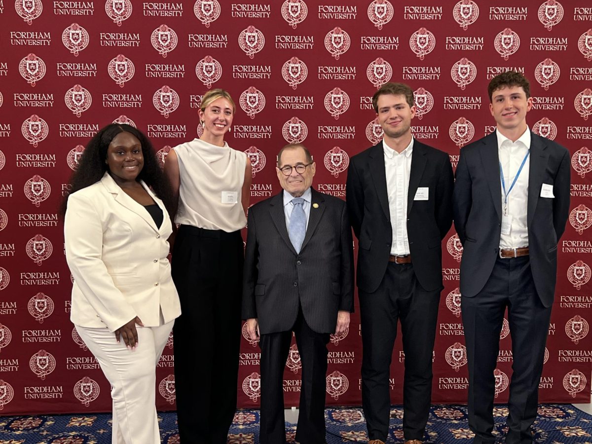 On June 3 several Fordham students attended a congressional reception in Washington DC. (Left to right) Nashia Akuamoah-Boatemaa, FCLC '25, Eliza Collins, FCRH '26, Rep. Jerrold Nadler, Fordham Law '78, Lucas Hjertberg, FCRH '26, and Chapin Fish, FCRH '26. (Lucas Hjertberg for The Fordham Ram)