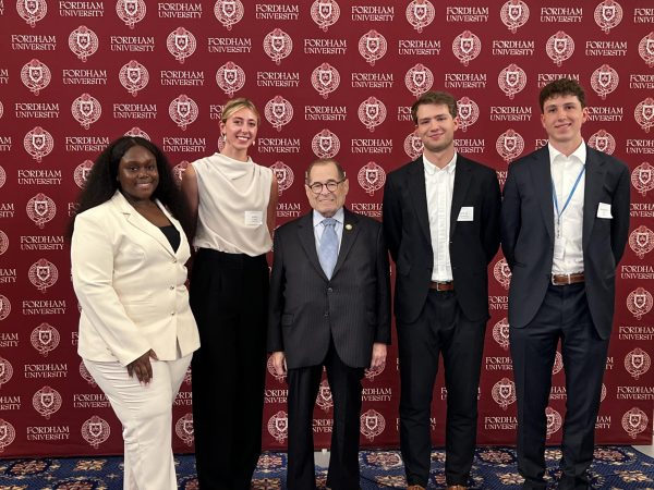 On June 3 several Fordham students attended a congressional reception in Washington DC. (Left to right) Nashia Akuamoah-Boatemaa, FCLC '25, Eliza Collins, FCRH '26, Rep. Jerrold Nadler, Fordham Law '78, Lucas Hjertberg, FCRH '26, and Chapin Fish, FCRH '26. (Lucas Hjertberg for The Fordham Ram)