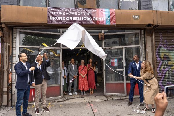 University President Tania Tetlow, joined by community partners, unveiled the new Bronx Green Jobs Center on July 10. (Marisol Diaz for The Fordham Ram)