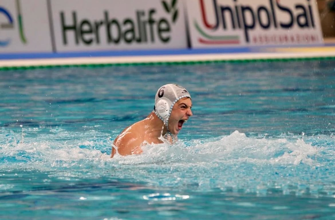 A Fordham water polo player celebrates the team’s fourth consecutive win.