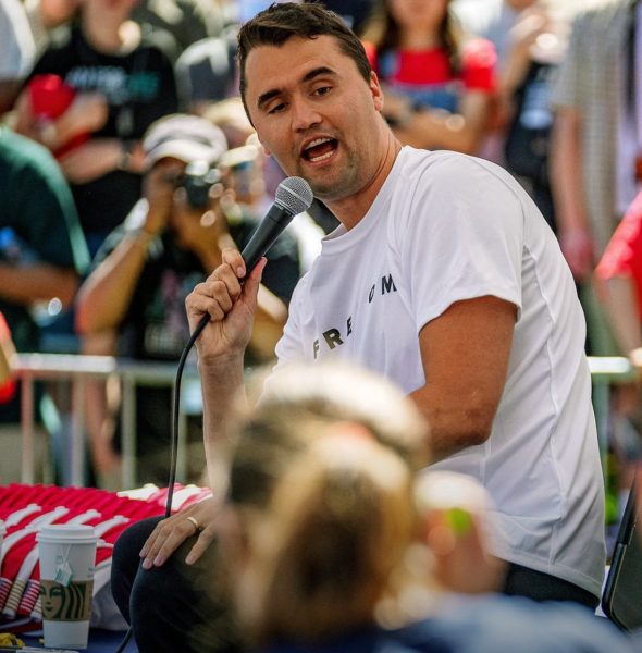 Charlie Kirk spoke at an event at Utah Valley University, where he was assassinated. Courtesy of @nytimes for The Fordham Ram.