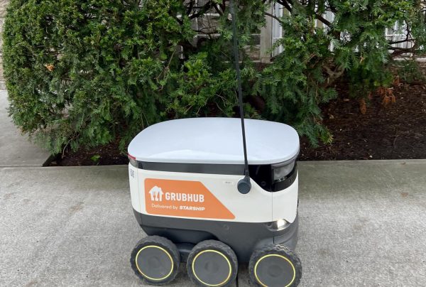 Students can order food for delivery by robot using the Grubhub app. Courtesy of Mary Hawthorn/The Fordham Ram.
