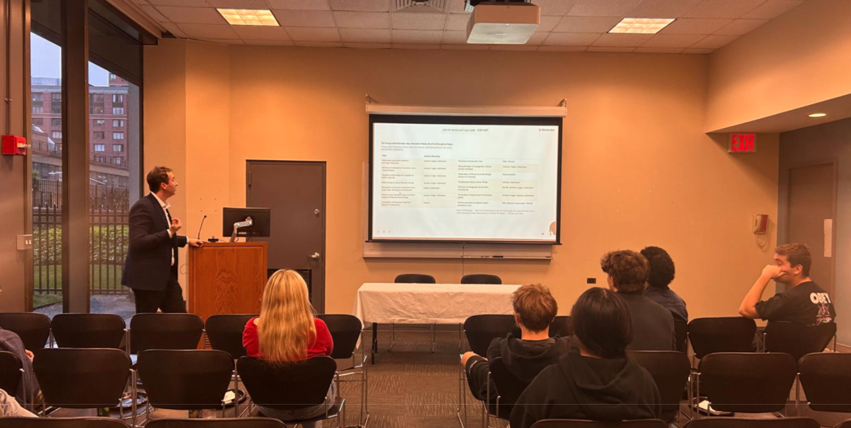 Dr. Robert Hume presents 2025 Supreme Court cases to 12 students at Lincoln Center. (Sidney Blasco for The Fordham Ram)