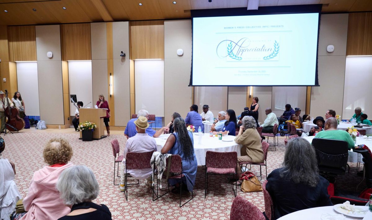 Cathi Steele speaks at the Women's Press Collective appreciation event. (Courtesy of Women's Press Collective)
