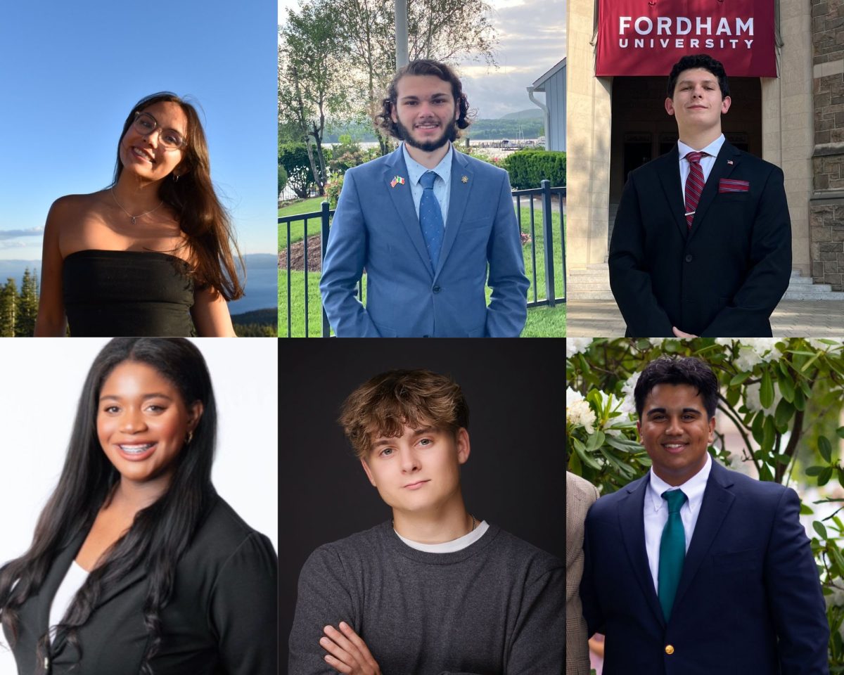 Top row from left to right: Evelyn Maravilla, FCRH '29, Domenick Fedele II, FCRH 29 and Jackson Cutrone, FCRH '29. Bottom row from left to right: Adekunbi Oyekenu, FCRH '29, Henry Carstens, FCRH '29 and Elijah George, GSB '29.