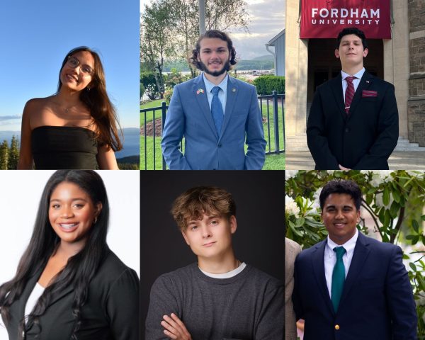 Top row from left to right: Evelyn Maravilla, FCRH '29, Domenick Fedele II, FCRH 29 and Jackson Cutrone, FCRH '29. Bottom row from left to right: Adekunbi Oyekenu, FCRH '29, Henry Carstens, FCRH '29 and Elijah George, GSB '29.