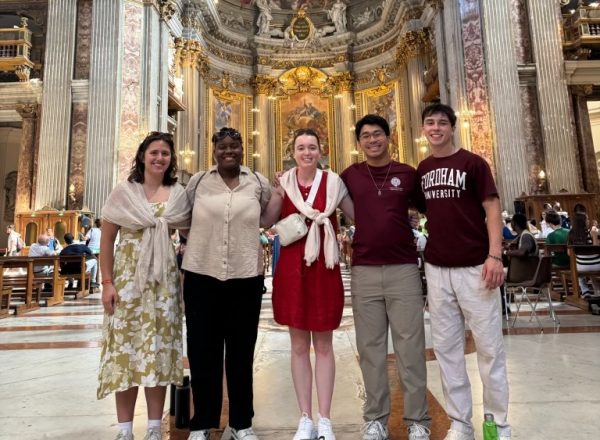 Fordham Students stand inside of a church during World Youth Day (Courtesy of Aidan Nanquil, FCRH ‘27, for The Fordham Ram)
