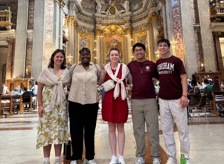 Fordham Students stand inside of a church during World Youth Day (Courtesy of Aidan Nanquil, FCRH ‘27, for The Fordham Ram)
