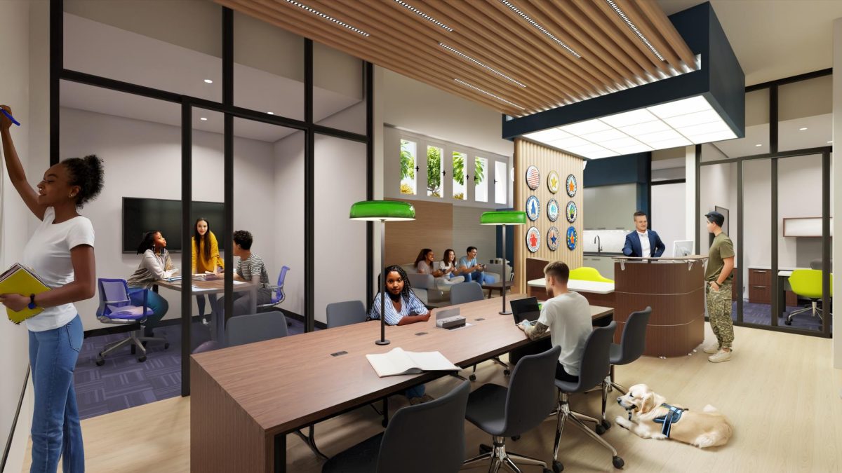 A visual mockup shows students in the proposed new space.