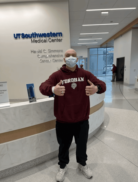 Soderberg gives thumbs up at the UT Southwestern Medical Center (Courtesy of Carter Soderberg for The Fordham Ram).