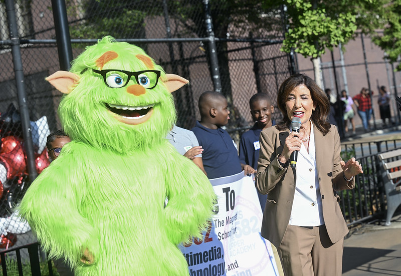 Hochul recently debuted Frankie Focus, a mascot for the phone restrictions. Courtesy of Susan Watts.