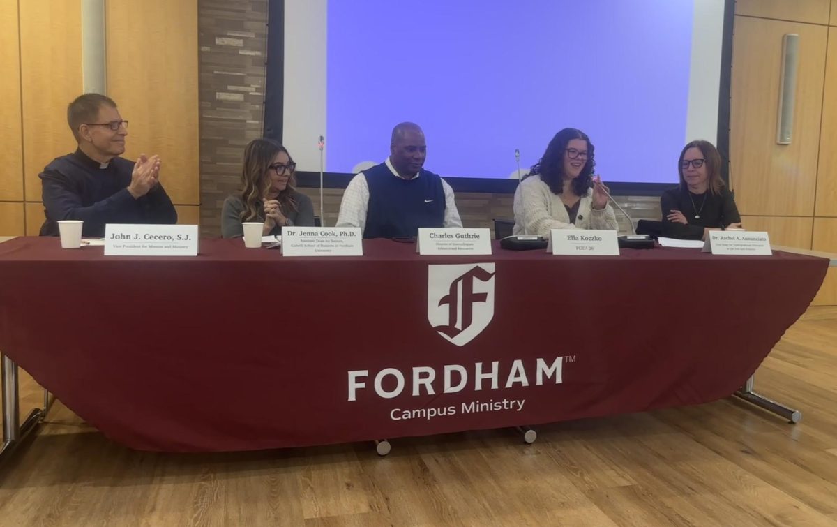 The 2025 “Living The Mission” panel, from left to right: John J. Cecero, S.J., Jenna Cook, Ph.D., Charles Guthrie, Ella Koczko, FCRH ’26 and Rachel Annunziato, Ph.D.. (Emma Leonardi/The Fordham Ram)
