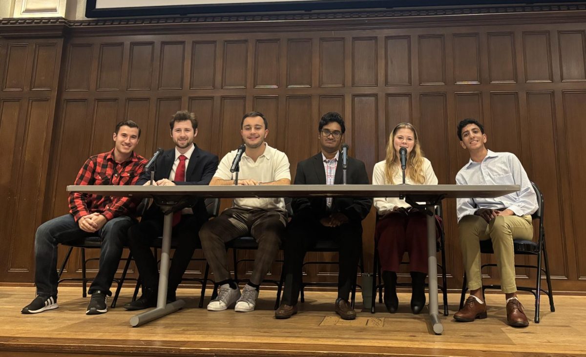 (Left to right) Jayson McArdle, GSB '29, Dakota Calcaterra, FCRH ’26, Lorenzo Camillio, FCRH ’26, Javeer Khan, FCRH ’28, Cameron Garland, FCRH ’29, and Andrew Korolos, FCRH ’29. (Jordan Donegan for The Fordham Ram)