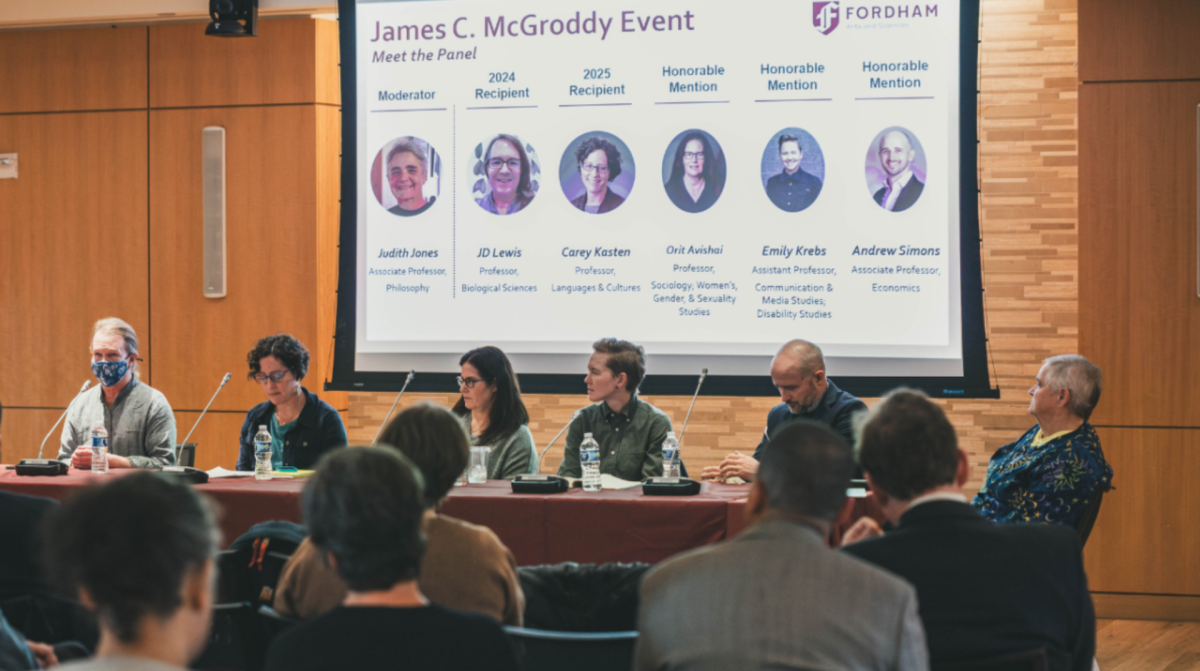 The panel was moderated by Judith Jones, associate professor of philosophy. (Courtesy of Fordham Now)