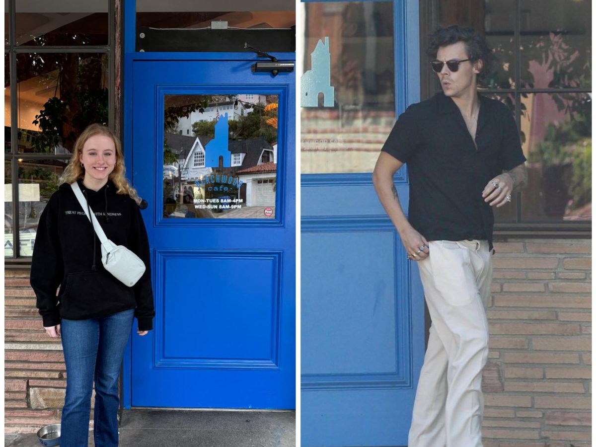 Mitton and Styles respectively posing in front of the same door.