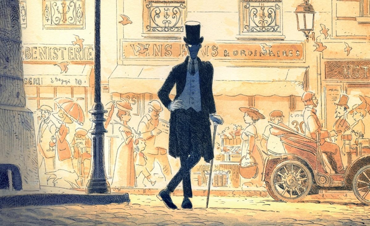 A sketch of Arsène Lupin looming in the streets of Paris from the Magnetic Press edition. 