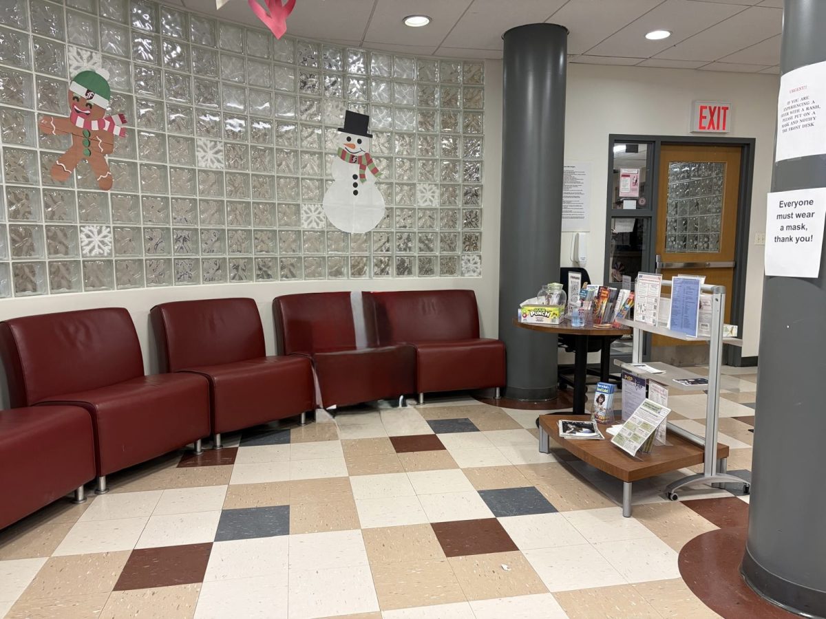 The Health Center at the end of February, with Christmas decorations still up.