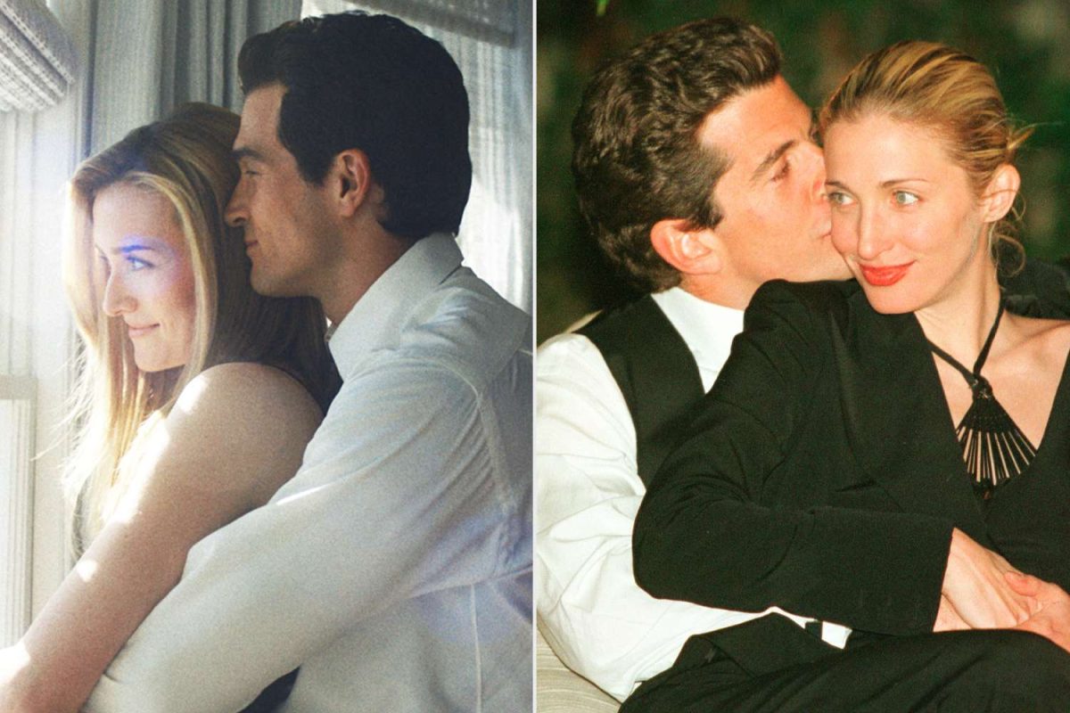 Sarah Pidgeon as Carolyn Bassette and Paul Anthony Kelly as John F. Kennedy Jr. (right) / John F. Kennedy Jr. embracing Carolyn Bessette (left).