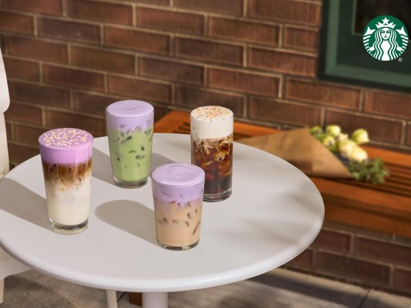 Iced Ube Coconut Macchiato, Iced Double Berry Matcha, Iced Lavender Cream Chai, Toasted Coconut Cream Cold Brew (left to right).